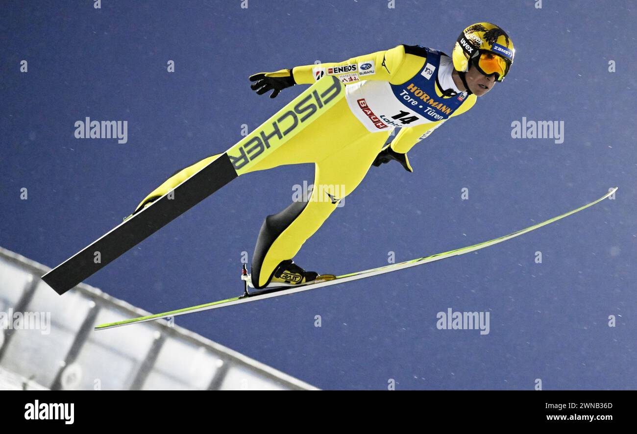 Lahti, Finlande. 01 mars 2024. Noriaki Kasai (JPN) participe à la compétition masculine HS130 de saut à ski lors de la Coupe du monde nordique FIS Lahti ski Games à Lahti, Finlande, le 1er mars 2024. (Photo de VESA MOILANEN/LEHTIKUVA/Sipa USA) crédit : Sipa US/Alamy Live News Banque D'Images