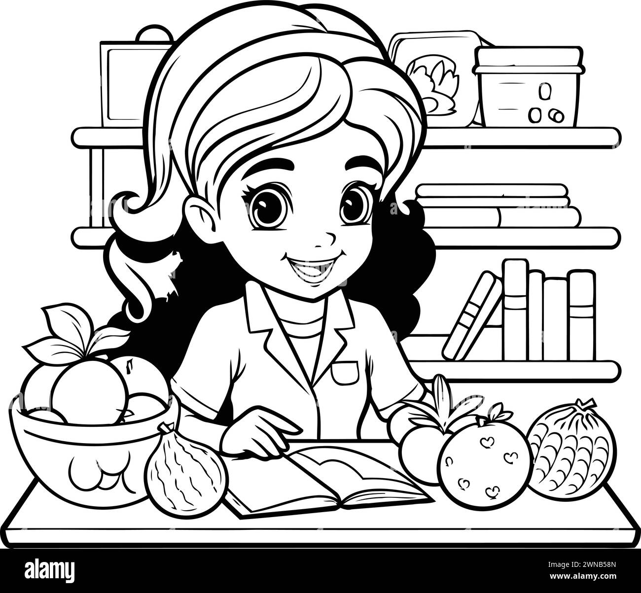 Fille lisant un livre à table avec des fruits et légumes. illustration vectorielle Illustration de Vecteur