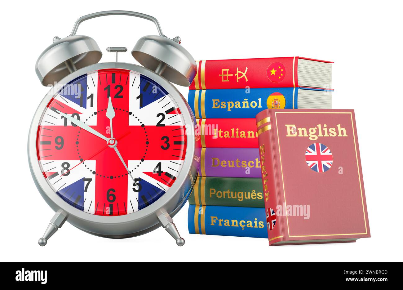 Cours d'anglais, concept de leçons. Livres avec réveil. Il est temps d'apprendre la langue anglaise, rendu 3D isolé sur fond blanc Banque D'Images