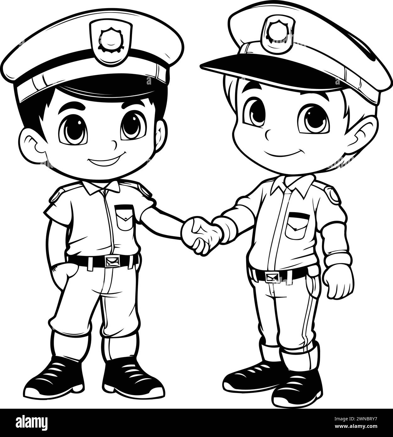 Deux policiers serrant la main sur fond blanc. Illustration vectorielle pour livre de coloriage. Illustration de Vecteur