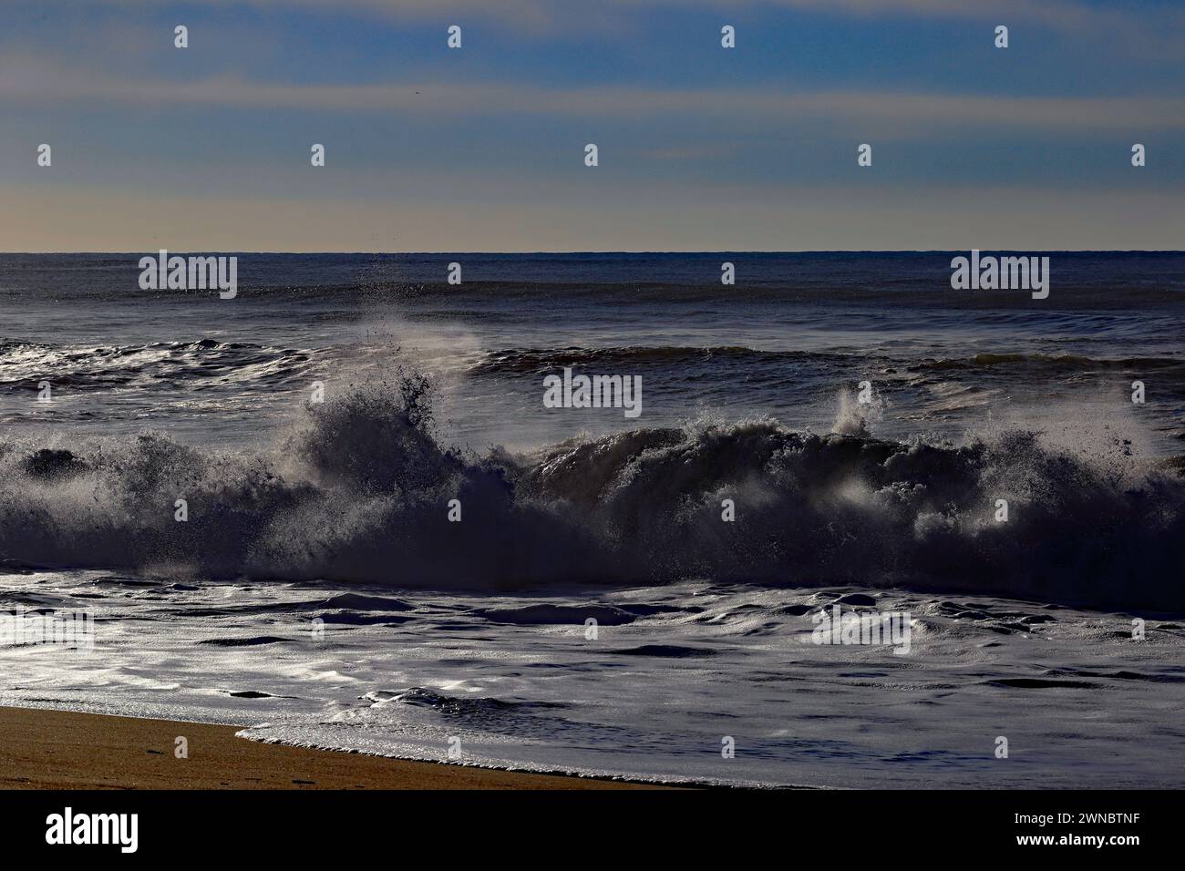 Cabedelo, Portugal - 11 janvier 2024 : les vagues de l'océan Atlantique s'écrasent sur la plage près de Viana do Castelo, destination populaire pour le surf Banque D'Images