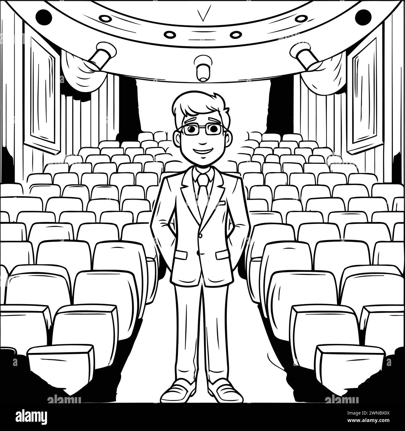 Homme d'affaires dans le cinéma. Illustration vectorielle noir et blanc pour livre de coloriage. Illustration de Vecteur
