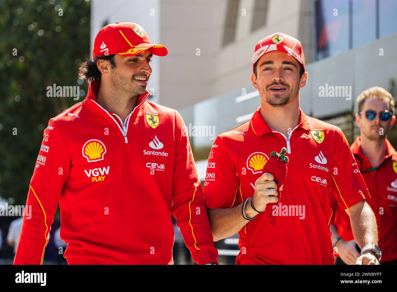 MANAMA, BAHREÏN, circuit international de Bahreïn, 1er mars 2024 : Charles Leclerc et Carlos Sainz et Scuderia Ferrari lors du Grand P de formule 1 de Bahreïn Banque D'Images