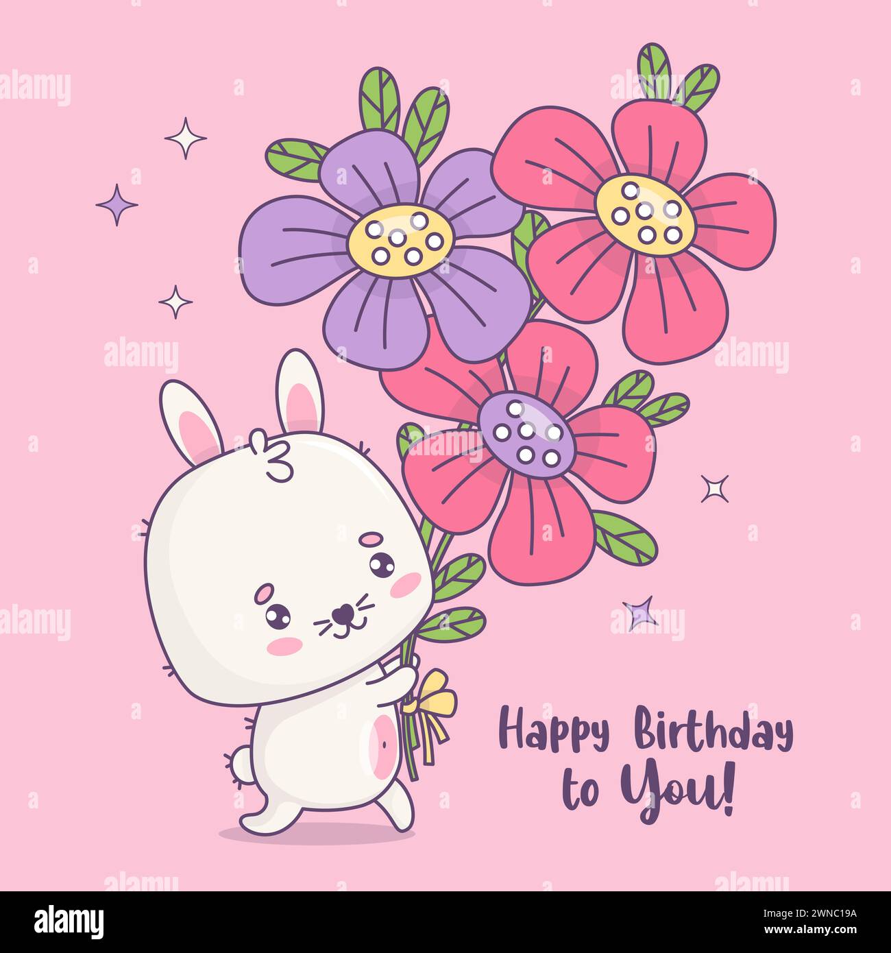 Lapin mignon avec bouquet de fleurs. Personnage animal kawaii drôle. Bonne carte d'anniversaire. Illustration vectorielle. Collection enfants. Illustration de Vecteur