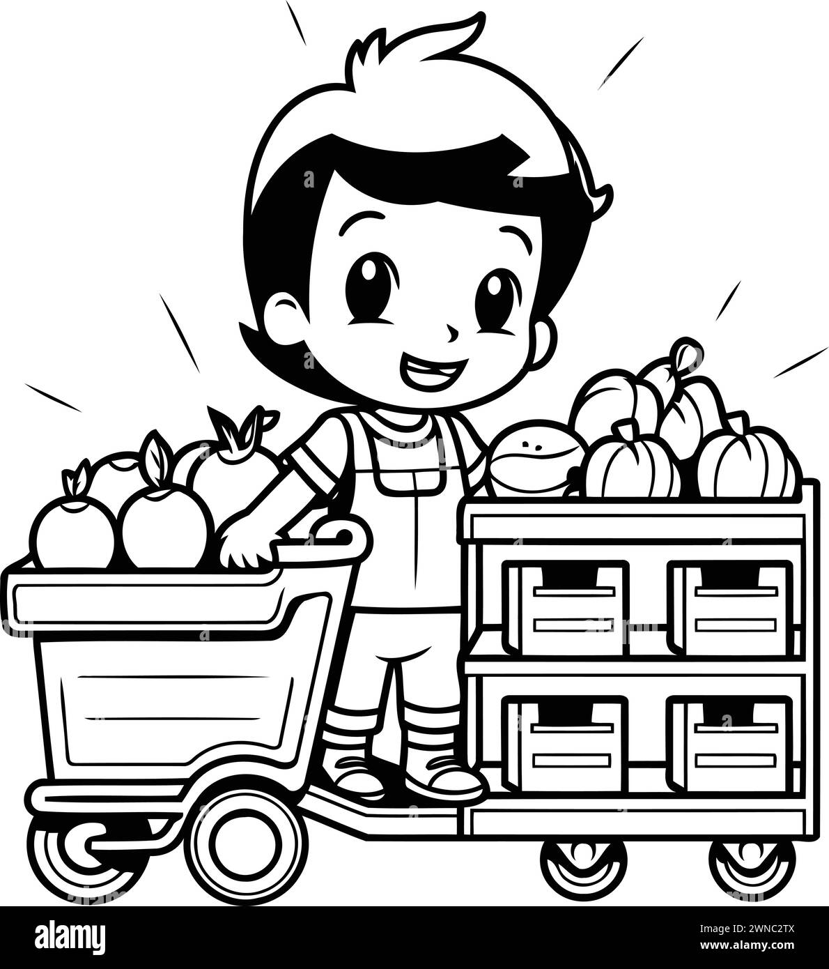 Garçon de fruits et légumes avec chariot et boîtes illustration vectorielle design graphique Illustration de Vecteur