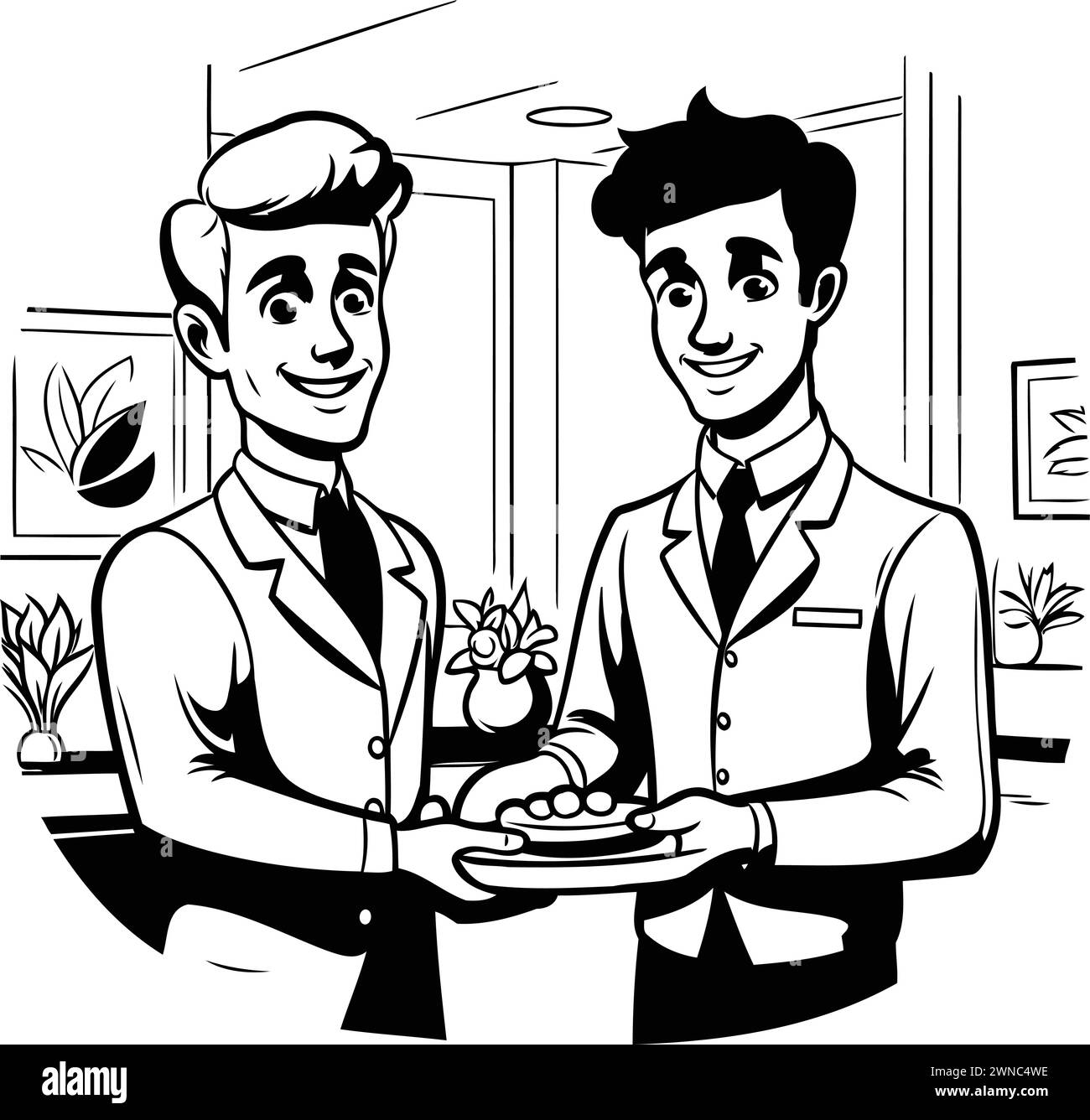 Illustration vectorielle d'un serveur servant de la nourriture à un homme dans un café Illustration de Vecteur