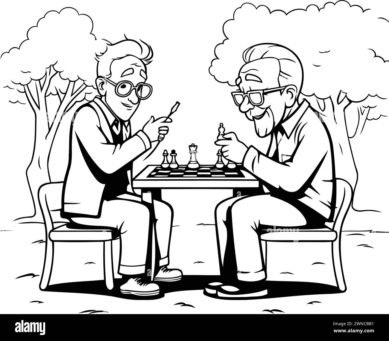 Grand-père et petit-fils jouant aux échecs. Illustration vectorielle noir et blanc. Illustration de Vecteur