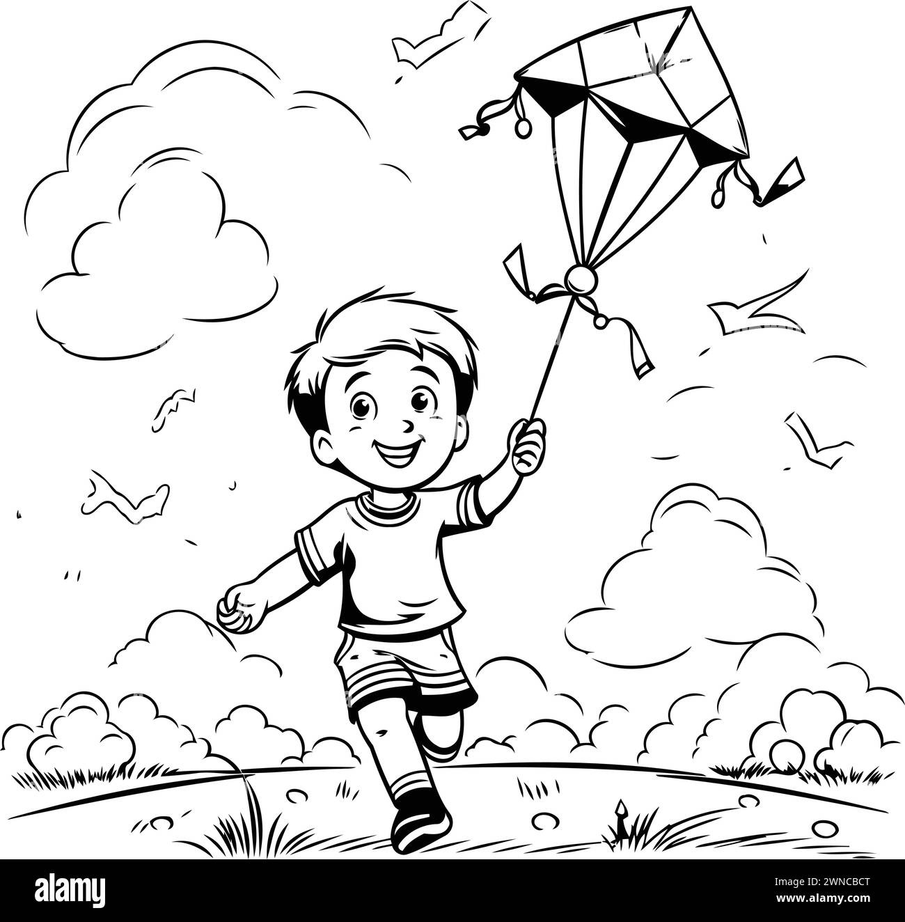 Garçon volant un cerf-volant dans le ciel. illustration vectorielle noir et blanc Illustration de Vecteur