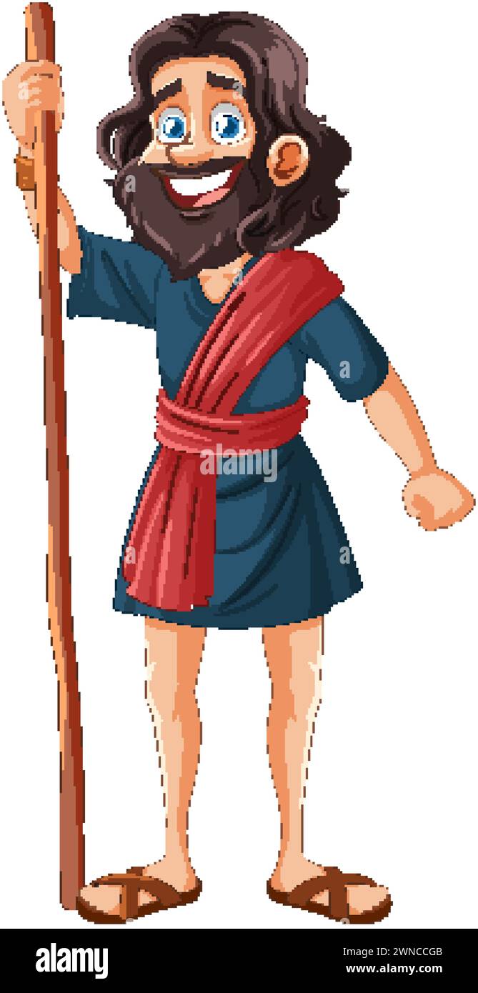 Un homme de dessin animé souriant tenant un bâton en bois. Illustration de Vecteur