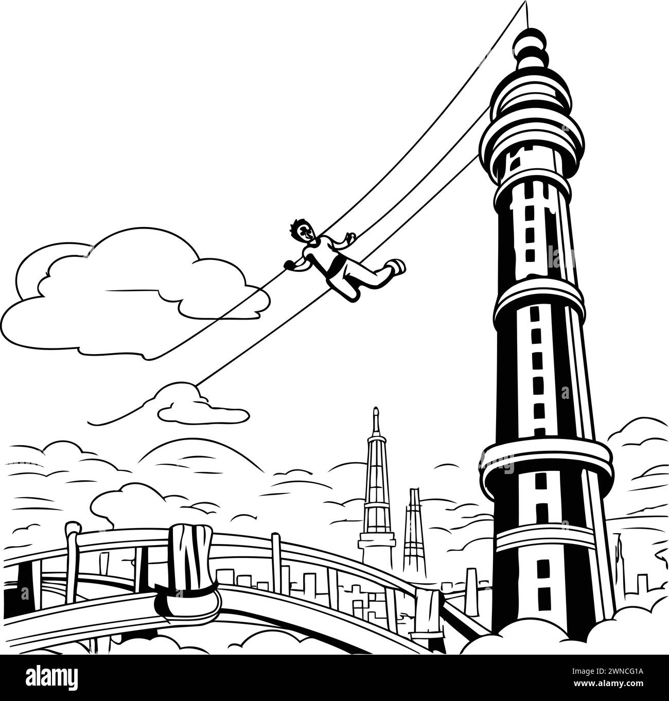 Illustration vectorielle d'un homme en équilibre sur une corde au-dessus du pont. Illustration de Vecteur