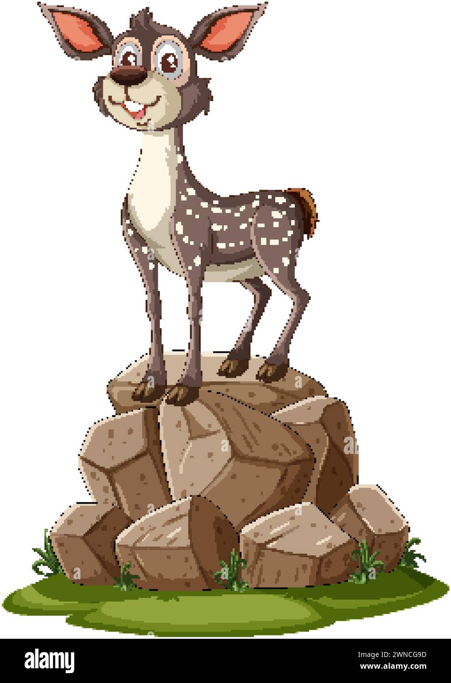 Un cerf de dessin animé heureux debout au sommet d'un tas de rochers. Illustration de Vecteur