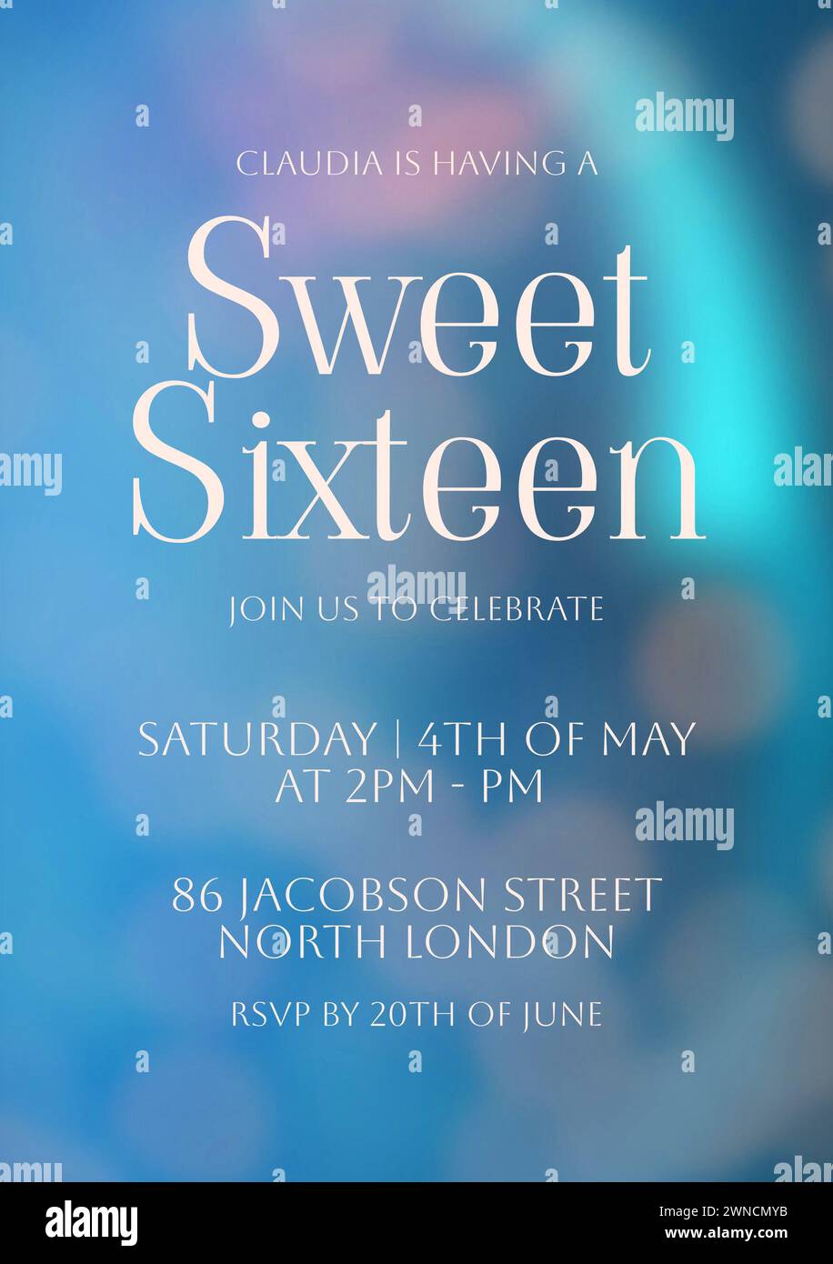 Invitation de célébration, un fond bokeh bleu doux donne un ton rêveur pour une fête Sweet Sixteen Banque D'Images