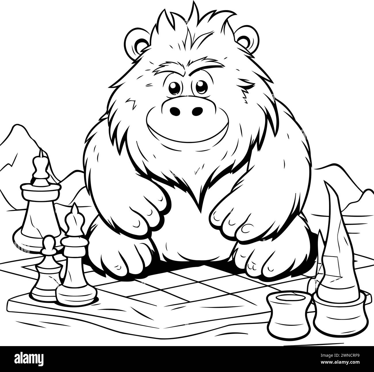 Illustration de dessin animé noir et blanc de jeu d'échecs de singe pour livre de coloriage Illustration de Vecteur