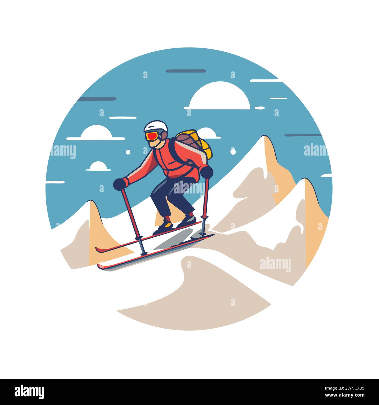 Skier dans les montagnes. Illustration vectorielle dans un style plat. Illustration de Vecteur