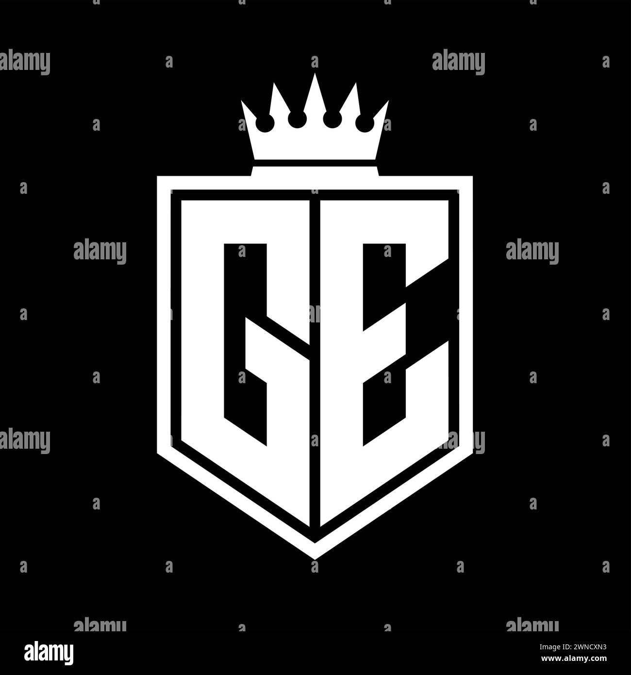 GE lettre logo monogramme gras bouclier de forme géométrique avec contour de couronne modèle de conception de style noir et blanc Banque D'Images