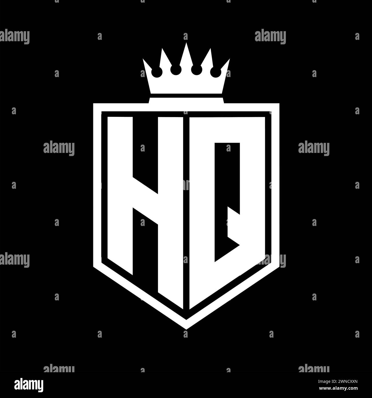 HQ lettre logo monogramme gras bouclier de forme géométrique avec contour de couronne modèle de conception de style noir et blanc Banque D'Images