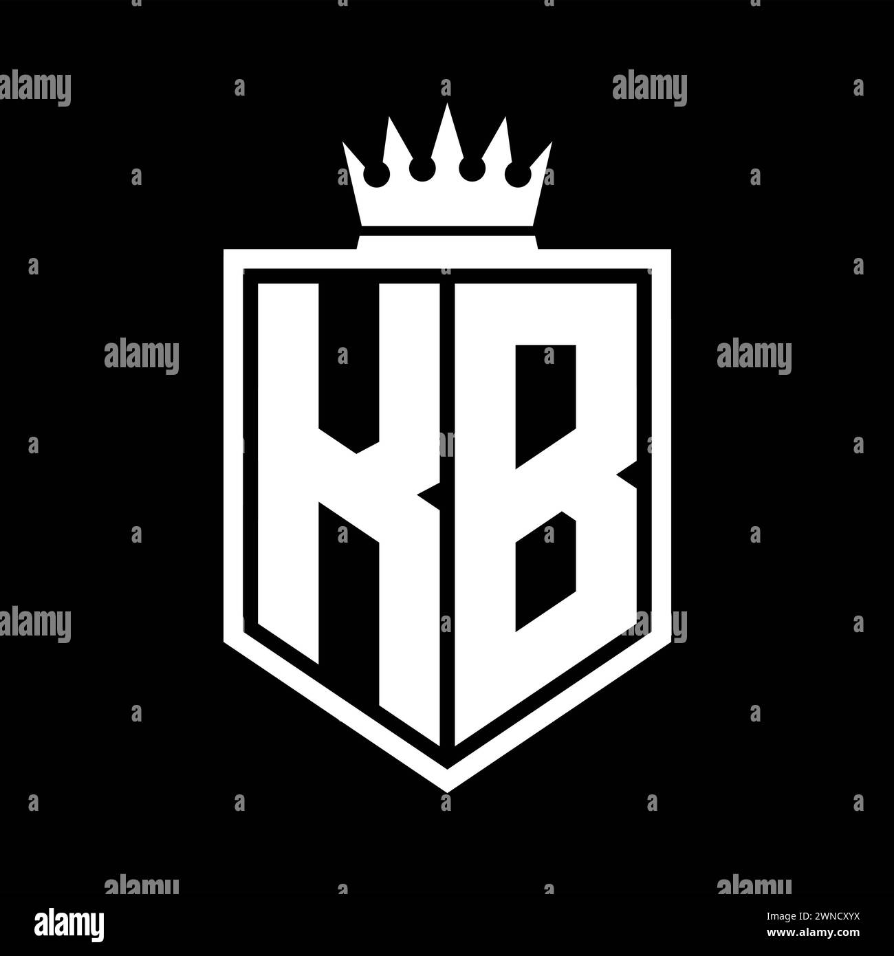 KB lettre logo monogramme gras bouclier de forme géométrique avec contour de couronne modèle de conception de style noir et blanc Banque D'Images