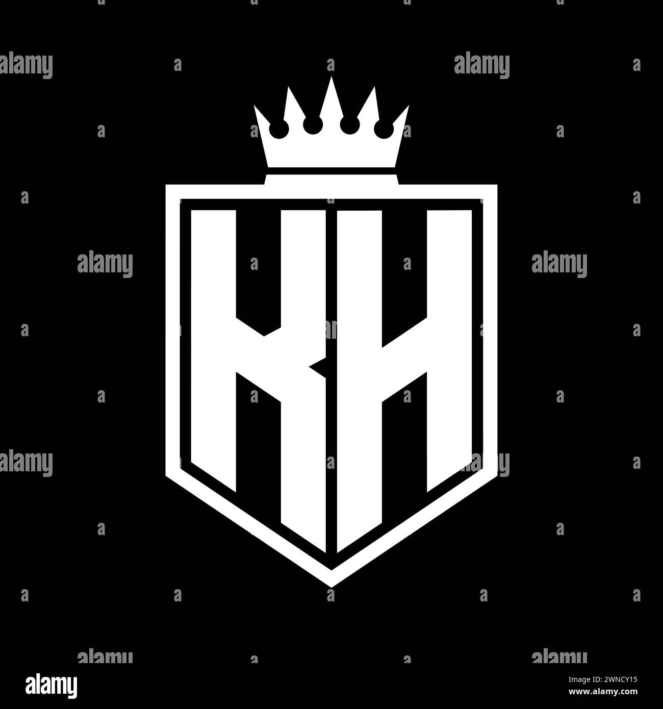 KH lettre logo monogramme gras bouclier forme géométrique avec contour de couronne modèle de conception de style noir et blanc Banque D'Images