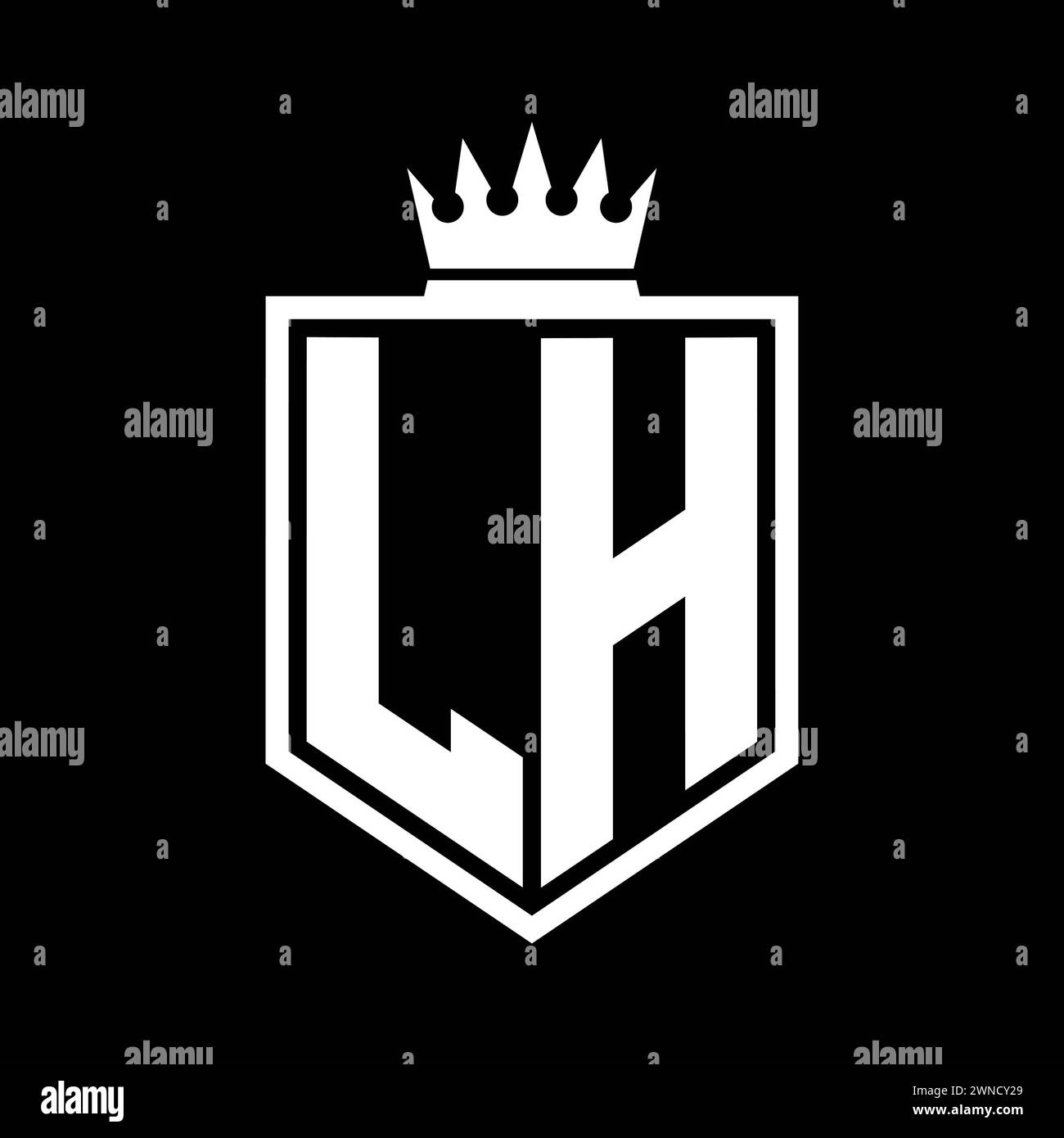 Lettre LH logo monogramme gras bouclier de forme géométrique avec contour de couronne modèle de conception de style noir et blanc Banque D'Images