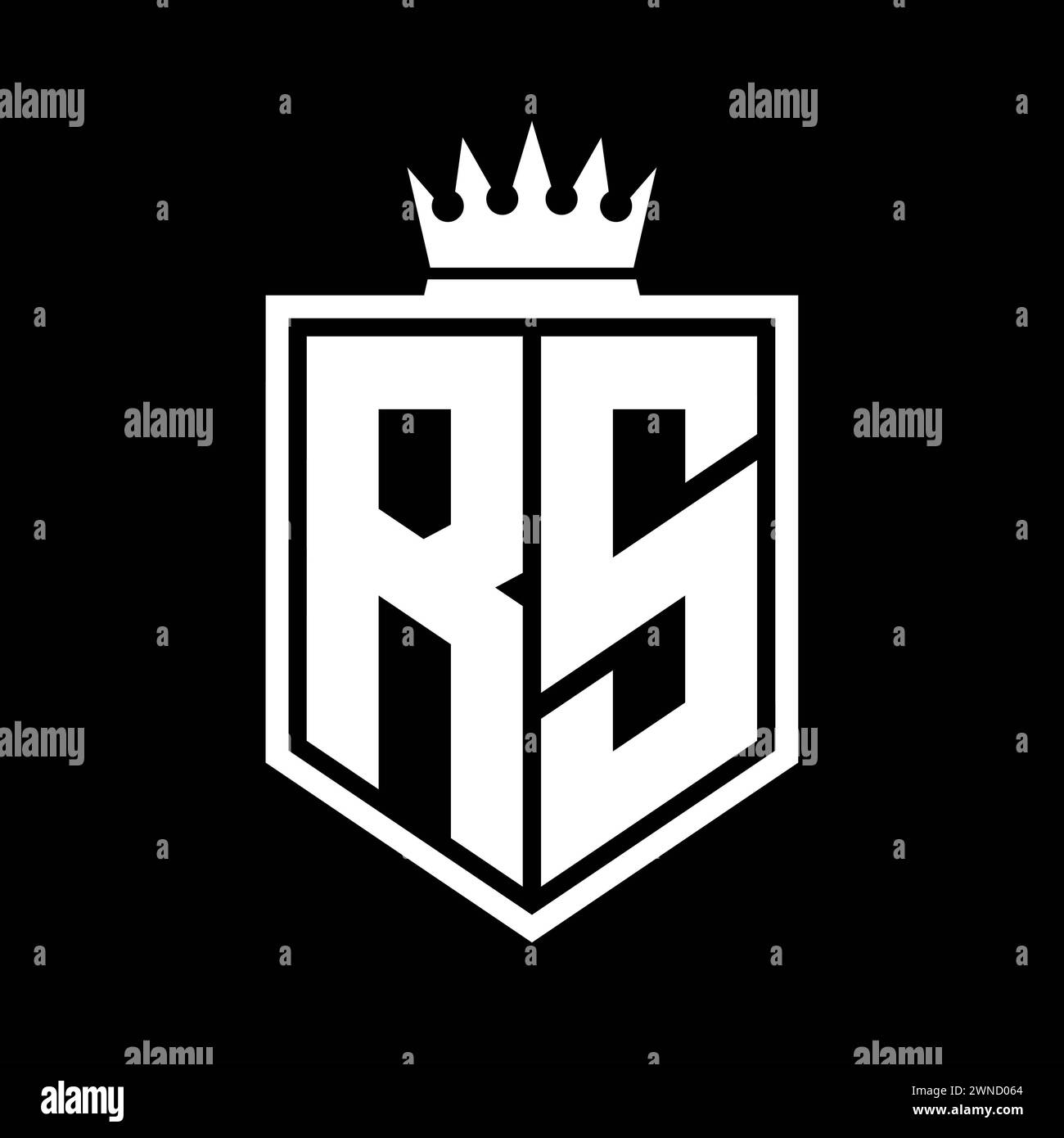 Lettre logo RS monogramme de forme géométrique de bouclier gras avec contour de couronne, modèle de conception de style noir et blanc Banque D'Images