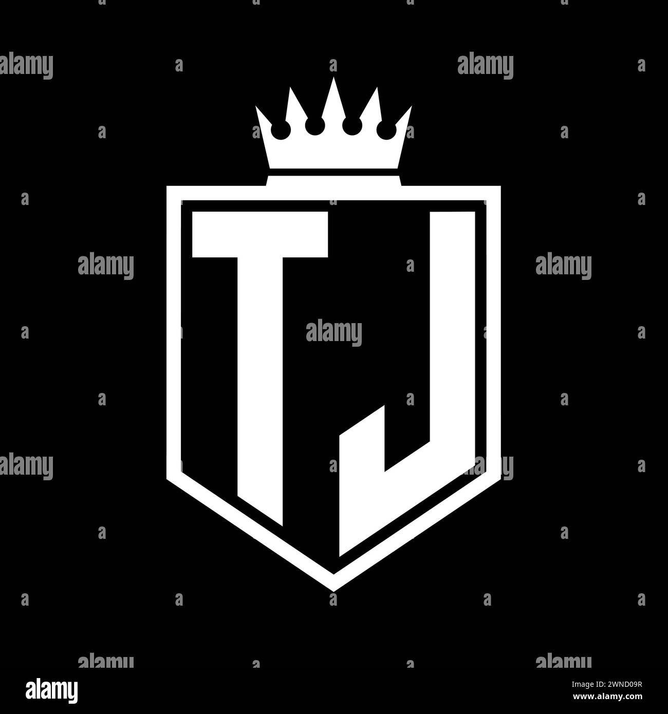 TJ Letter logo monogramme gras bouclier de forme géométrique avec contour de couronne modèle de conception de style noir et blanc Banque D'Images