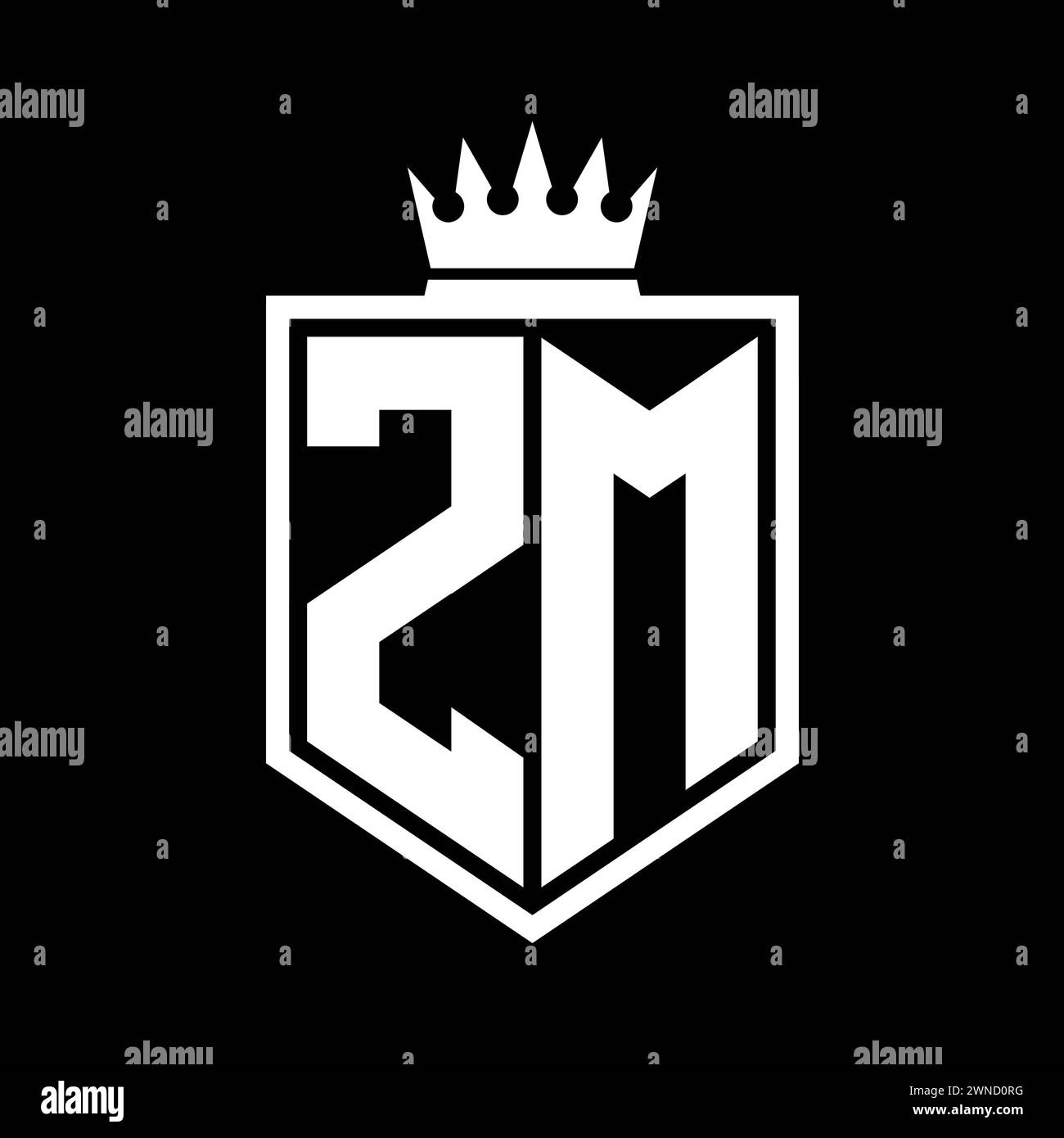 ZM lettre logo monogramme gras bouclier forme géométrique avec contour de couronne modèle de conception de style noir et blanc Banque D'Images