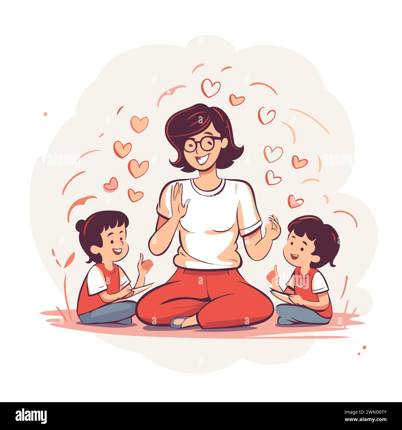 Mère et ses enfants assis en position lotus. Illustration vectorielle. Illustration de Vecteur