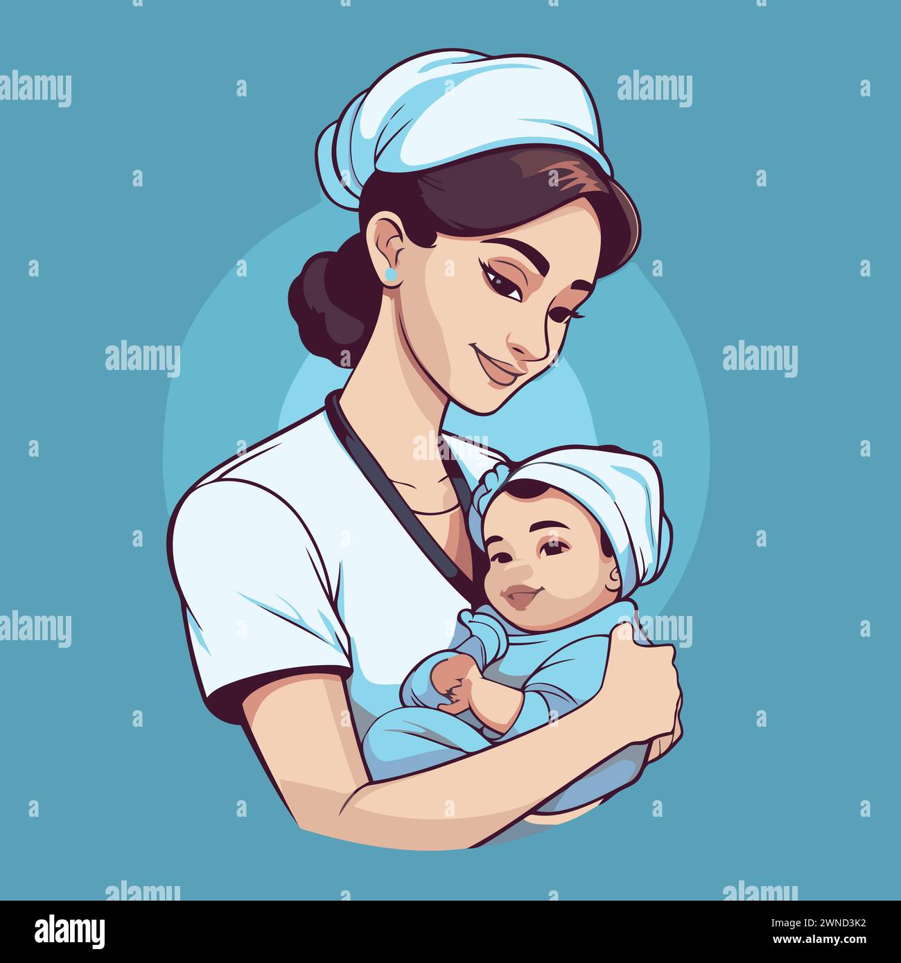 Infirmière avec un bébé dans les bras. Illustration vectorielle dans le style de dessin animé. Illustration de Vecteur