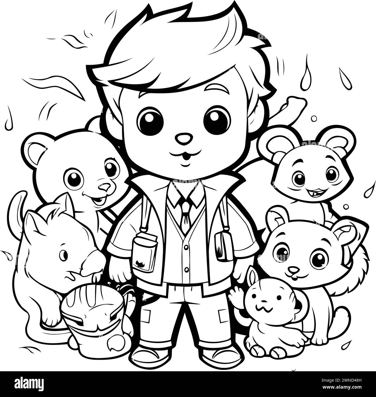 Illustration d'un garçon d'enfant habillé comme un vétérinaire avec des animaux Coloring Book Illustration de Vecteur