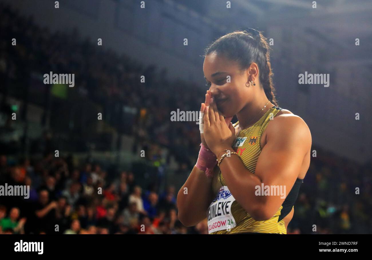 Glasgow, Grande-Bretagne. 1er mars 2024. Yemisi Ogunleye, d'Allemagne, réagit lors de la finale féminine des Championnats du monde d'athlétisme en salle 2024 à Glasgow, Grande-Bretagne, le 1er mars 2024. Crédit : Li Ying/Xinhua/Alamy Live News Banque D'Images