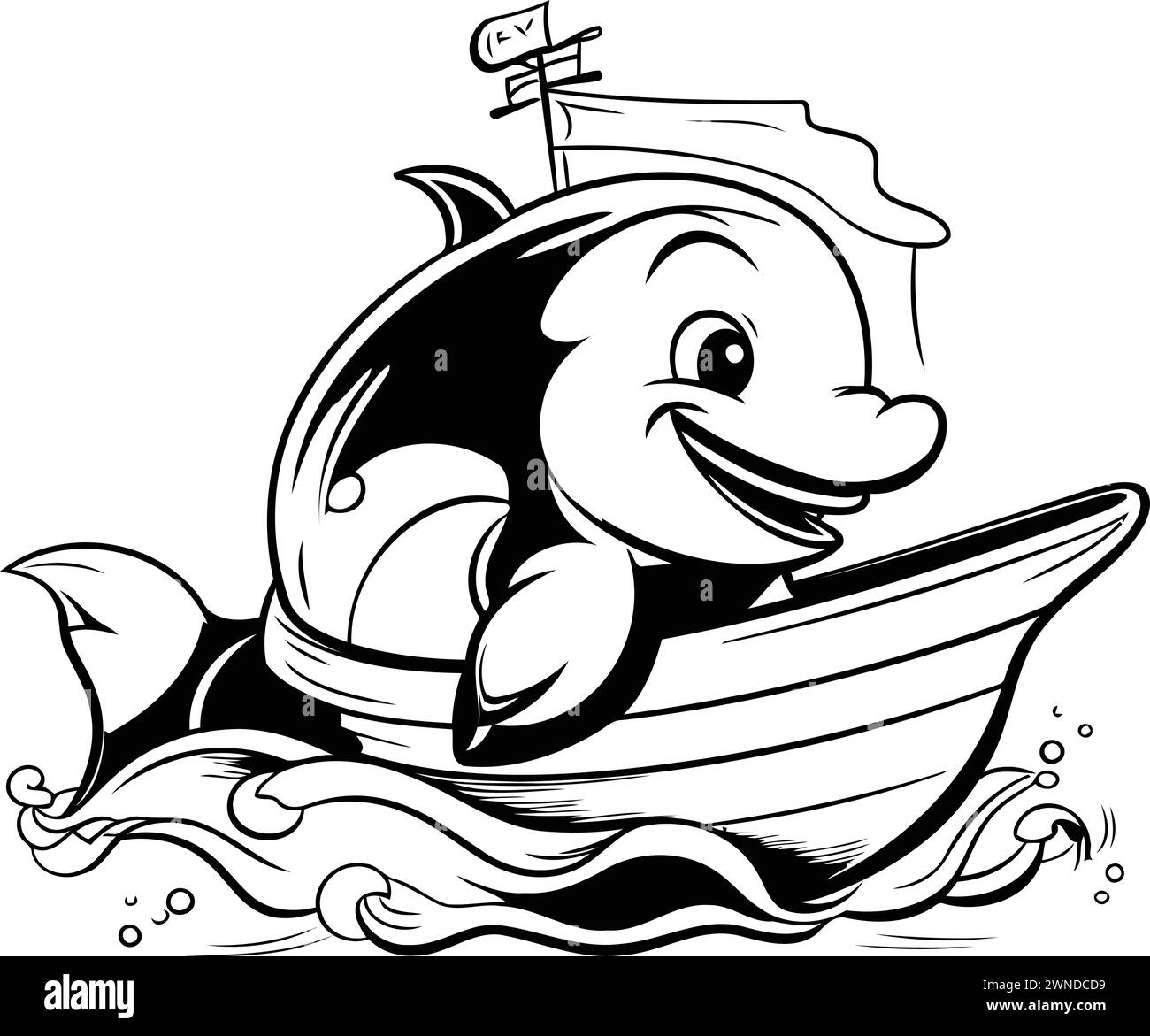 Illustration d'un poisson de dessin animé mignon sur un bateau avec ancre Illustration de Vecteur