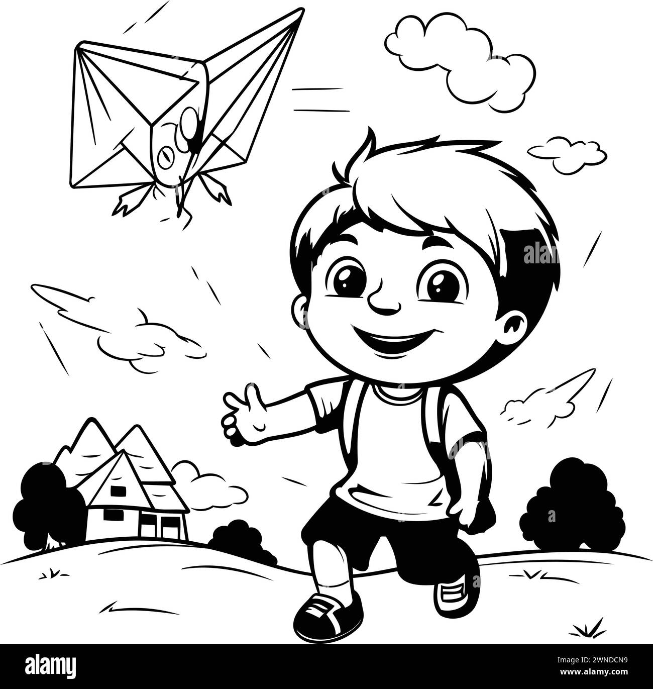 Garçon volant un cerf-volant. illustration vectorielle noir et blanc pour livre de coloriage Illustration de Vecteur