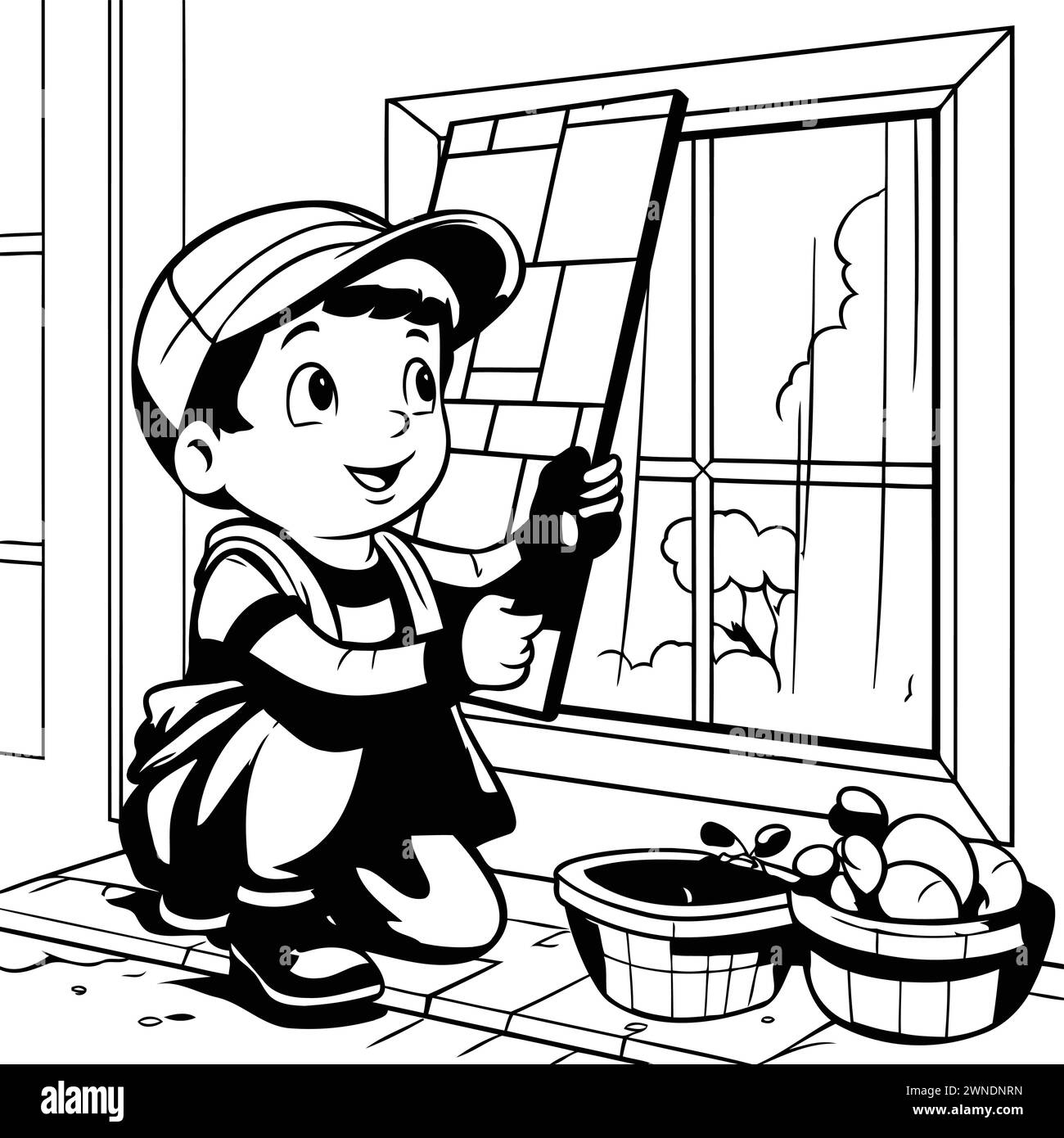 Garçon peignant la fenêtre à la maison. illustration vectorielle noir et blanc. Illustration de Vecteur