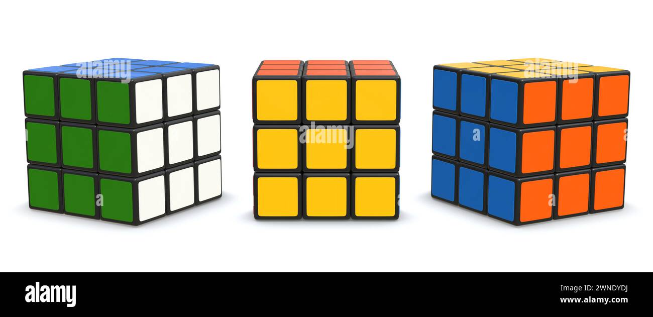Rubiks Cube Set , il s'agit d'une image 3D générée par ordinateur. Isolé sur blanc. Banque D'Images