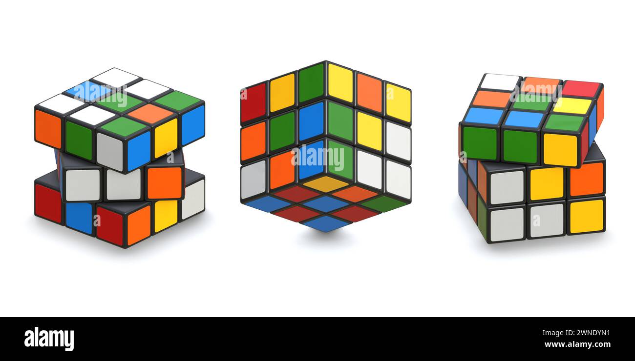 Rubiks Cube Set , il s'agit d'une image 3D générée par ordinateur. Isolé sur blanc. Banque D'Images