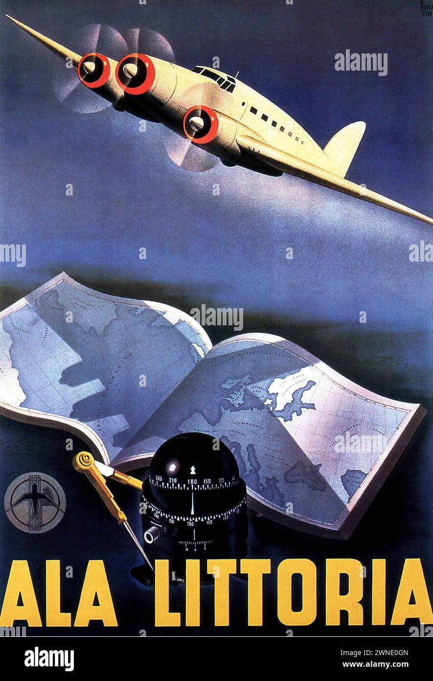 'ALA LITTORIA' ['ALA LITTORIA'] Vintage Italian Advertising, 1939. Un avion monte en flèche avec un globe et des instruments de navigation au premier plan, ce qui implique une portée mondiale. L'image est dans un style art déco, utilisant des couleurs vibrantes et un mouvement dynamique pour suggérer vitesse et modernité. Banque D'Images