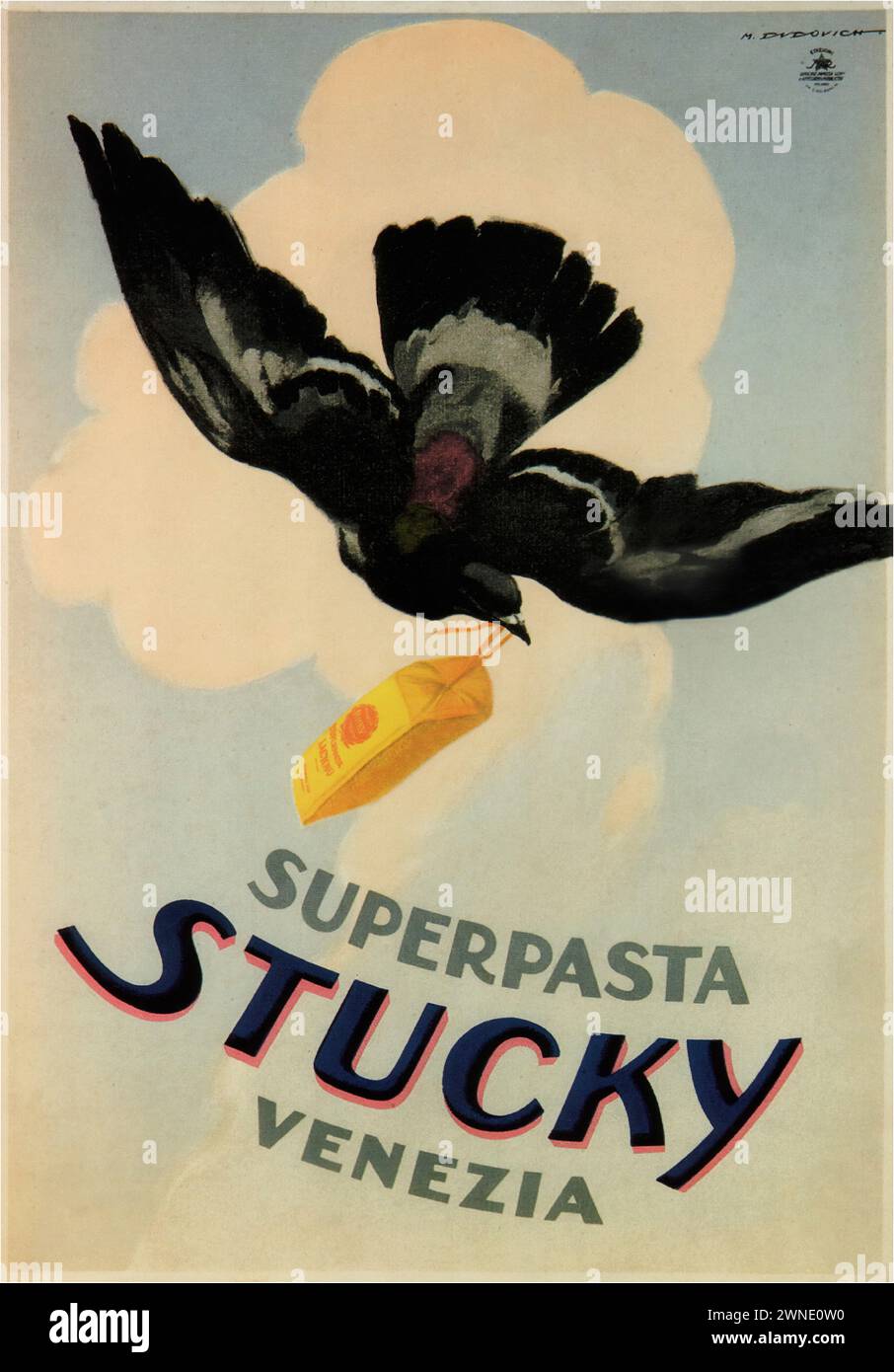 'SUPERPASTA STUCKY VENEZIA' ['SUPERPASTA STUCKY VENICE'] publicité italienne vintage illustrant un pigeon volant avec un tube de colle pour pâtes. Le design est fantaisiste et utilise une palette de couleurs pastel, typique du style du début du XXe siècle. Banque D'Images