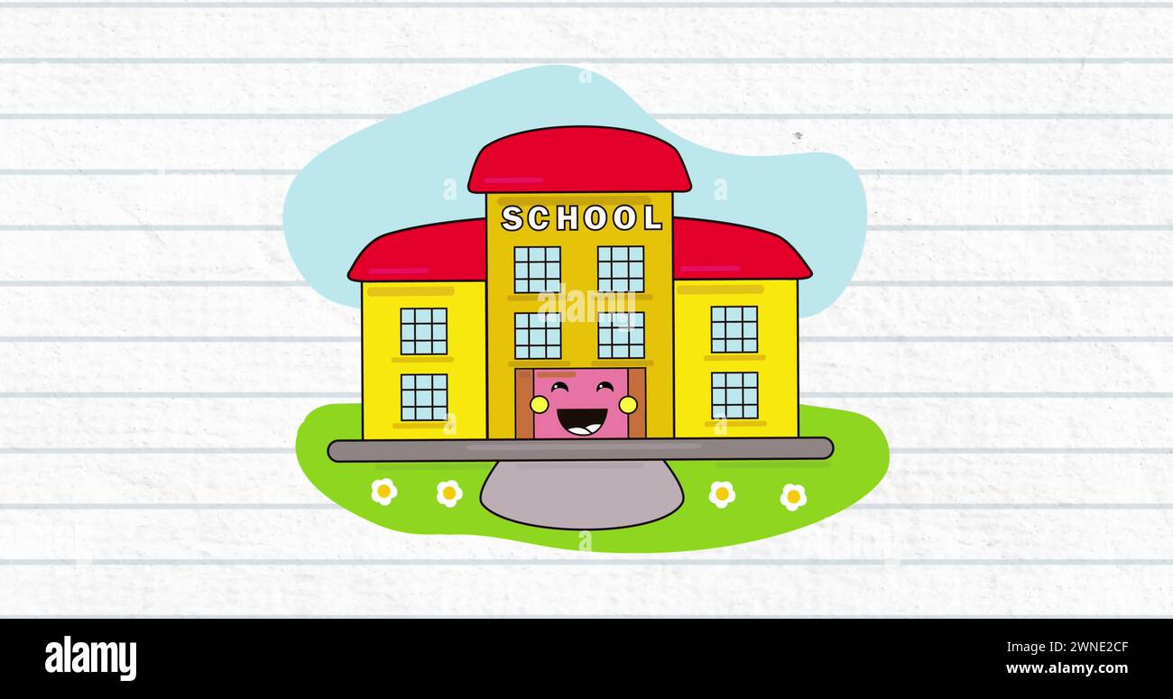 Image numérique de l'icône du bâtiment de l'école contre du papier ligné blanc Banque D'Images