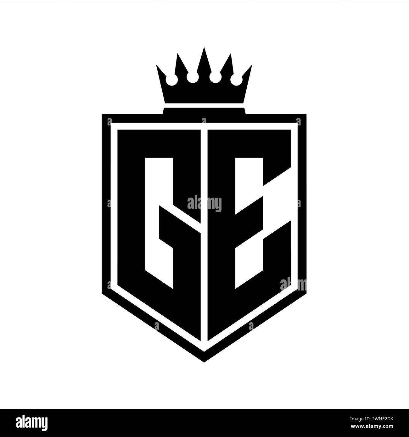 GE lettre logo monogramme gras bouclier de forme géométrique avec contour de couronne modèle de conception de style noir et blanc Banque D'Images