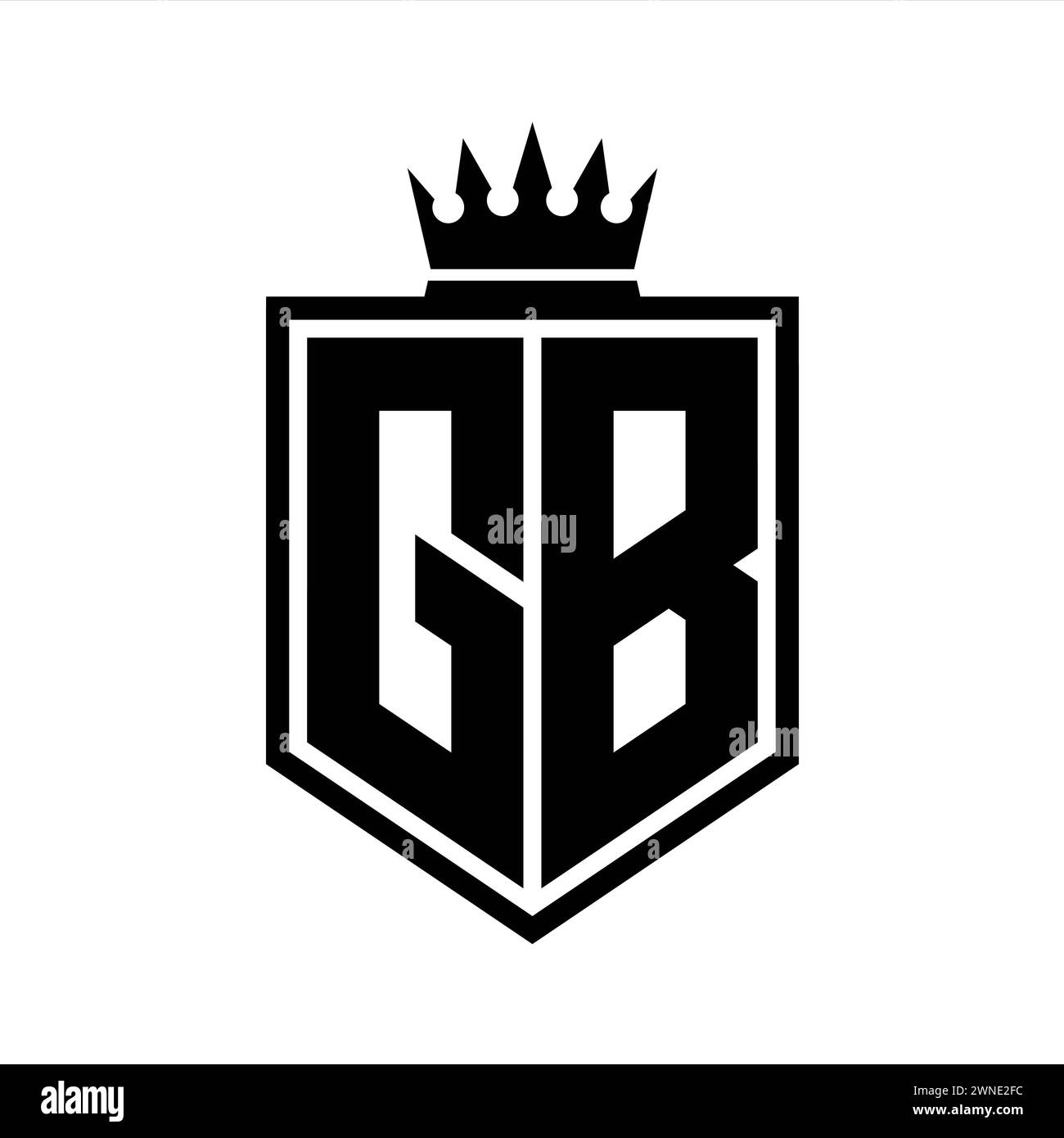 GB lettre logo monogramme gras bouclier forme géométrique avec contour de couronne modèle de conception de style noir et blanc Banque D'Images