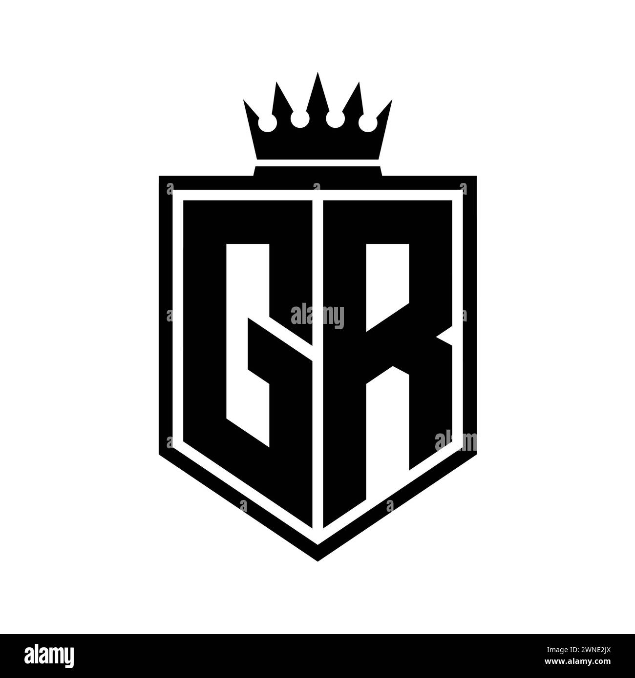 GR lettre logo monogramme gras bouclier de forme géométrique avec contour de couronne modèle de conception de style noir et blanc Banque D'Images