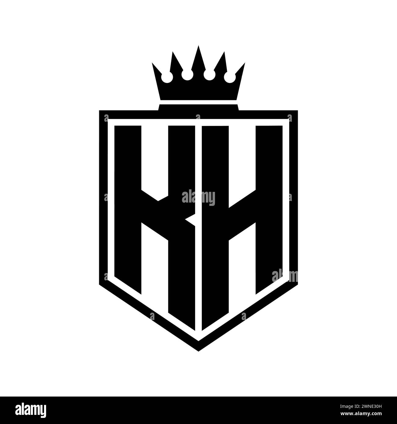 KH lettre logo monogramme gras bouclier forme géométrique avec contour de couronne modèle de conception de style noir et blanc Banque D'Images