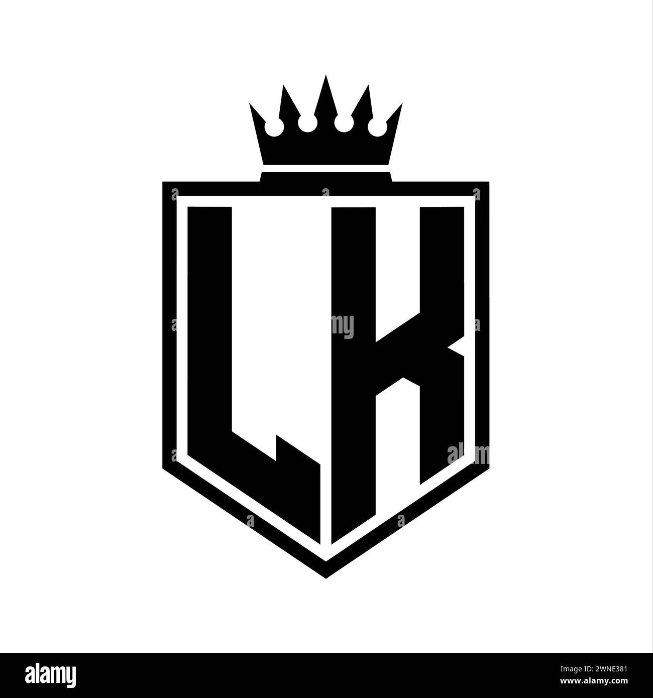 LK lettre logo monogramme gras bouclier forme géométrique avec contour de couronne modèle de conception de style noir et blanc Banque D'Images