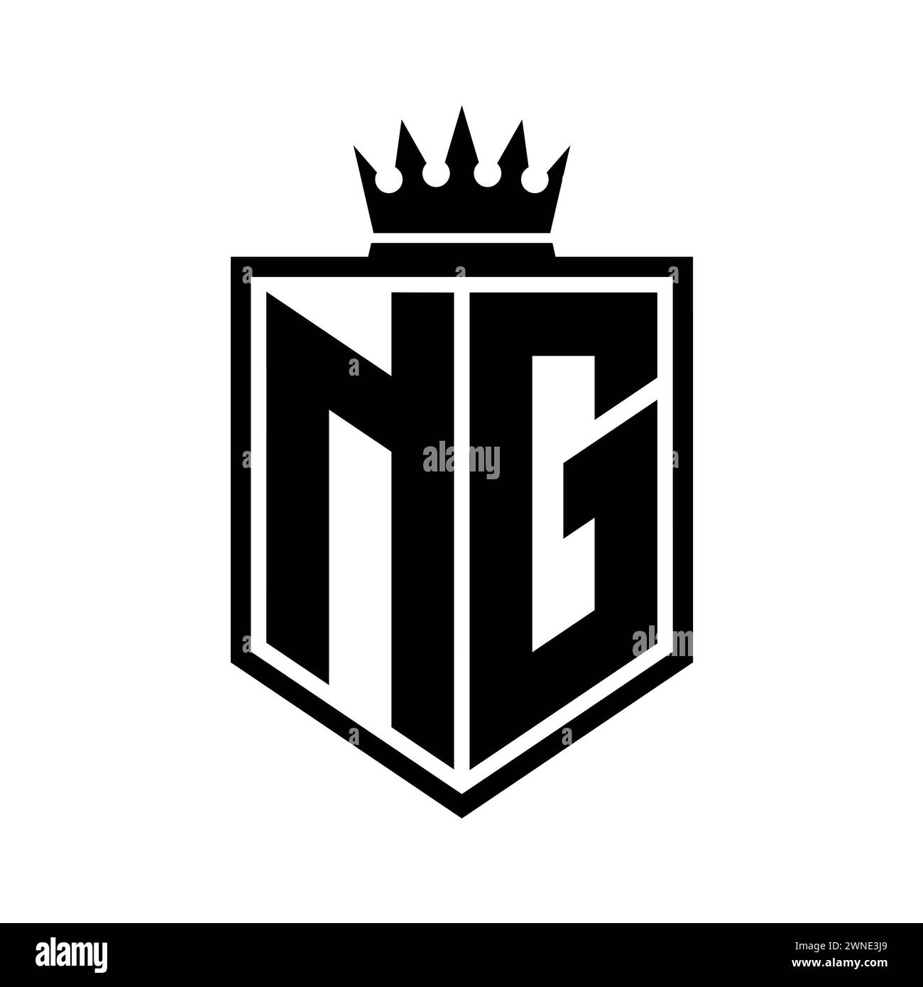 NG lettre logo monogramme gras bouclier de forme géométrique avec contour de couronne modèle de conception de style noir et blanc Banque D'Images
