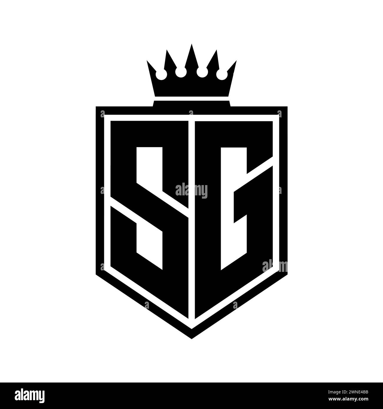 SG lettre logo monogramme gras bouclier de forme géométrique avec contour de couronne modèle de conception de style noir et blanc Banque D'Images