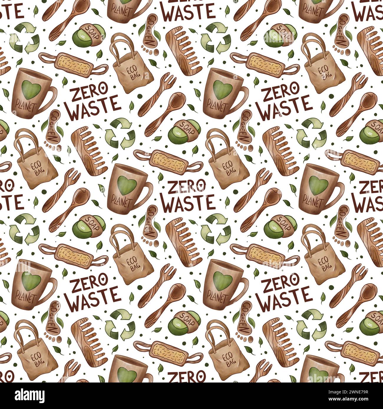 Zero Waste Lifestyle motif sans couture avec lettrage sur blanc. Écologique, recycler et réutiliser des objets isolés : sac écologique, bois, propre tasse, nature. Sa Banque D'Images