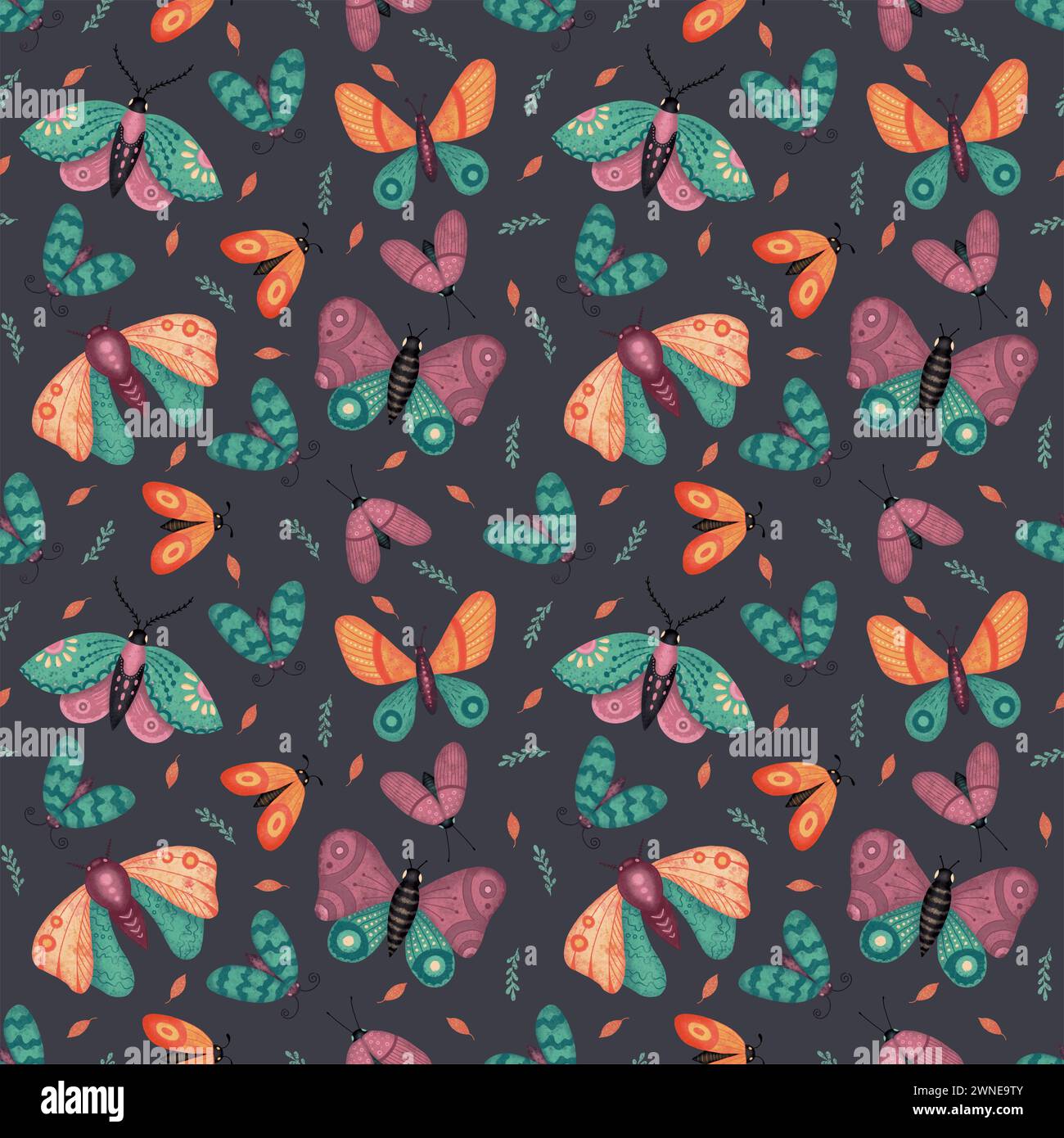 Belle illustration avec papillon et papillon de nuit, motif sans couture de feuille botanique sur sombre Banque D'Images