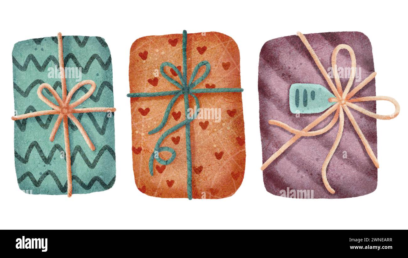 Boîtes-cadeaux de dessin animé enveloppées dans du papier et attachées avec ruban comme ensemble de symboles de vacances Banque D'Images