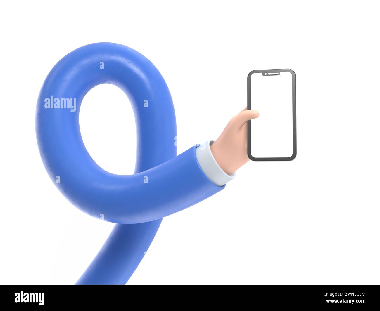 Icône de geste de dessin animé Mockup.3d main touchant smartphone. Icône de dessin animé ou maquette de l'utilisation d'un téléphone mobile, rendu 3D sur fond blanc.long Arms conc Banque D'Images