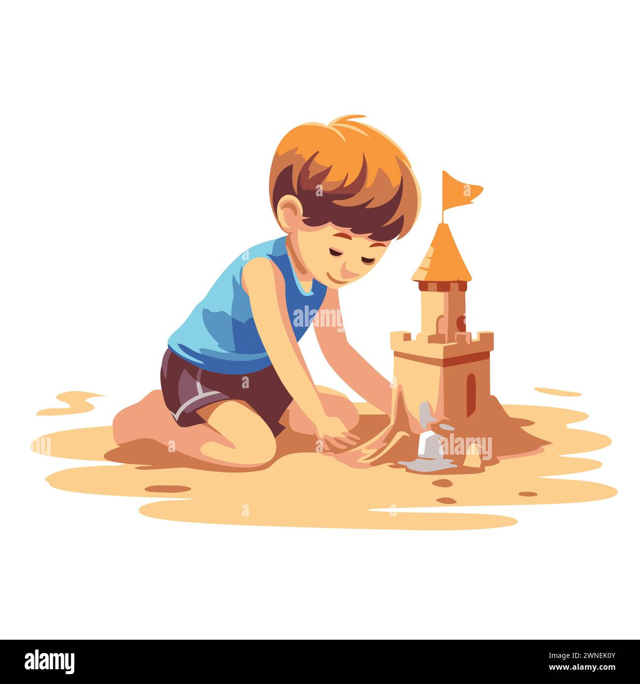 Mignon petit garçon jouant avec du sable et construisant une tour. illustration vectorielle de dessin animé isolée sur fond blanc. Illustration de Vecteur